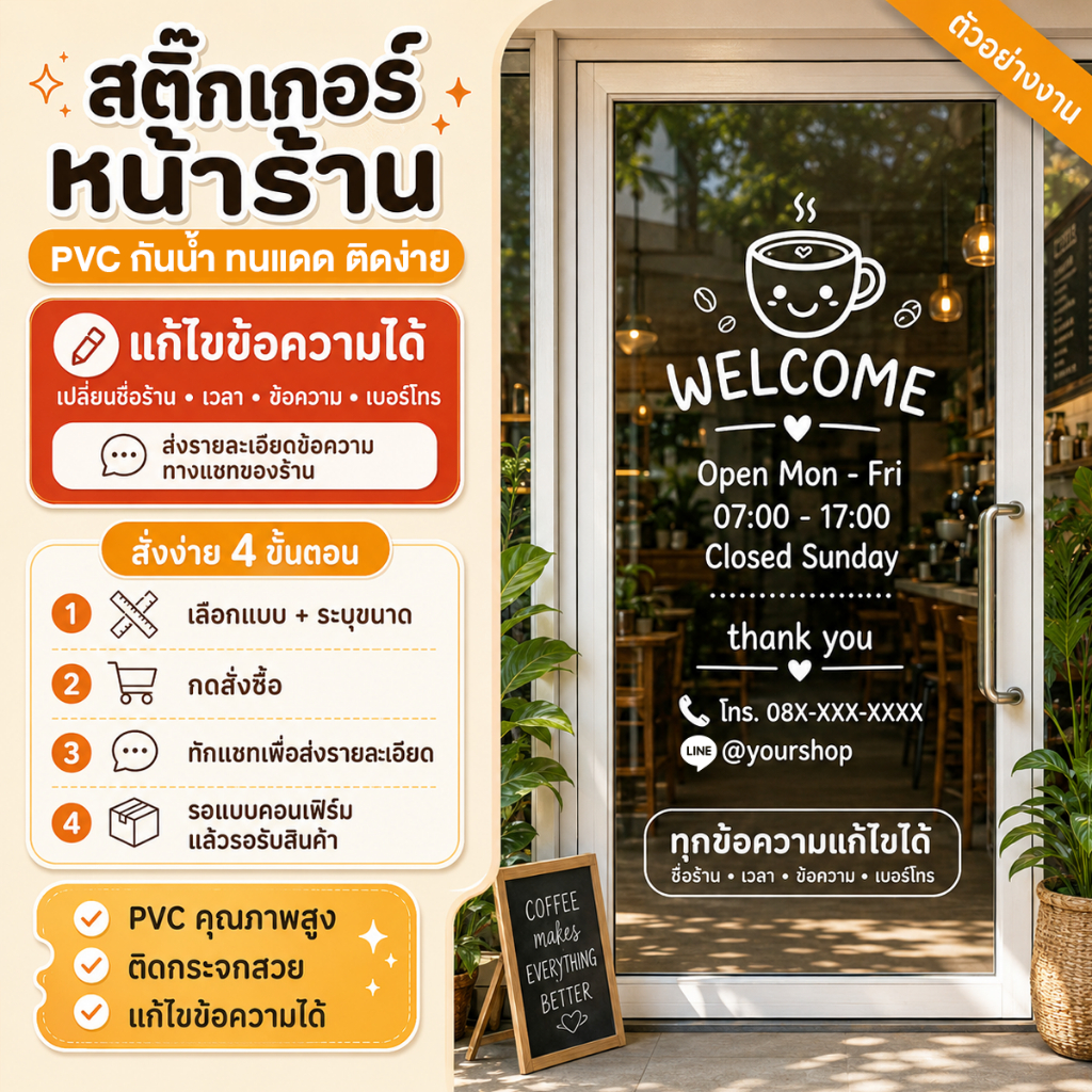 MD02 สติ๊กเกอร์ไดคัท PVC แท้ พื้นหลังใส หน้าร้าน ติดกระจกหน้าร้าน ปรับชื่อร้าน-เวลาเปิด-ปิดได้